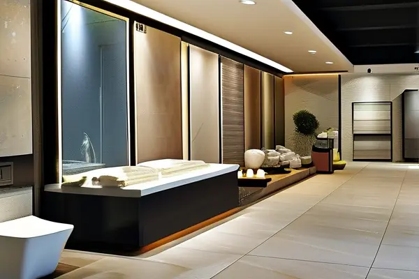 扬州家装师傅在建材展厅为客户讲解产品