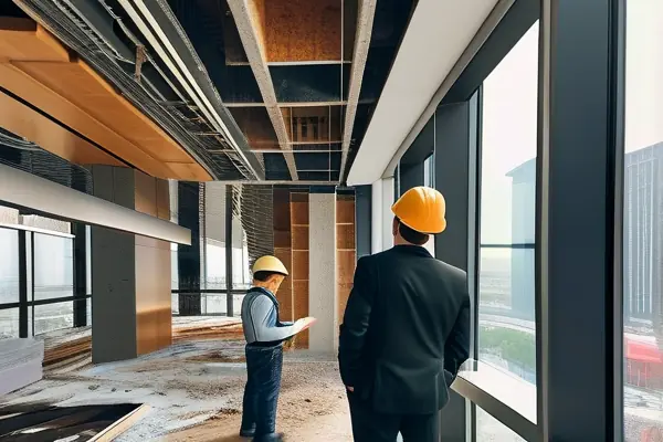 专业团队进行办公楼装修设计沟通场景