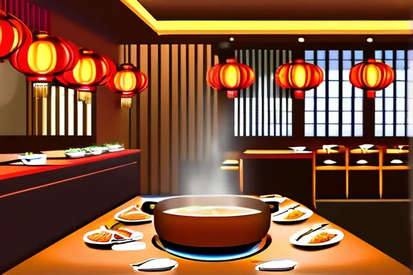 130平火锅店装修效果图，现代风格设计，木质桌椅与红色灯笼装饰