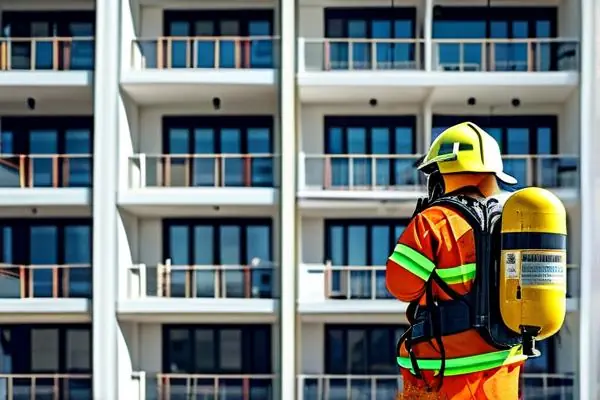 消防验收员正在检查新建住宅的灭火器和喷淋系统