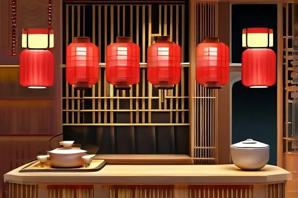 中式茶餐厅内部装修效果图，展示传统木质家具和红色灯笼