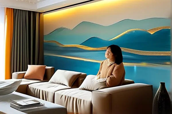 现代客厅壁画碳晶墙暖实景效果图