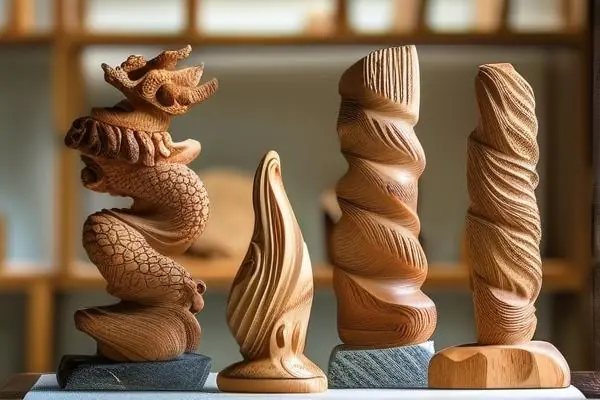 多种材质雕刻工艺品展示：木雕佛像、石雕摆件、玉雕挂坠