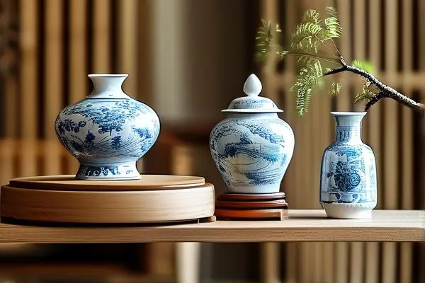 精美的青花瓷器摆件展示