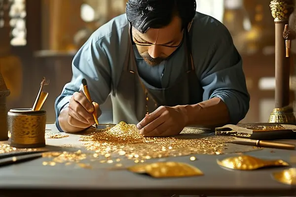 工匠精细贴金箔于工艺品上