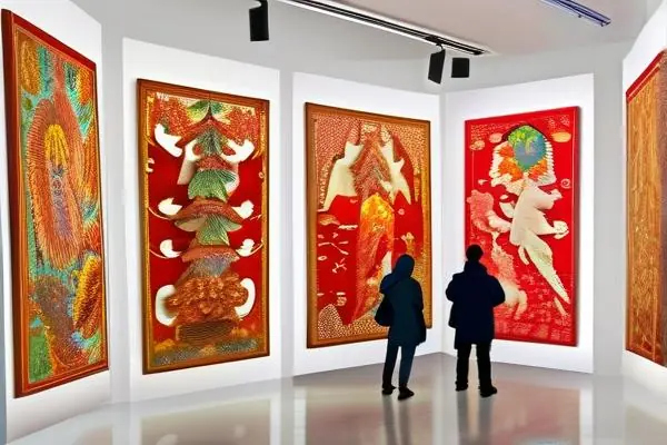 民间工艺品展现场展示的剪纸、刺绣和泥塑等传统手工艺品