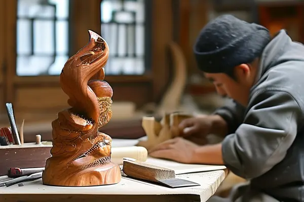 工匠专注雕刻木雕工艺品
