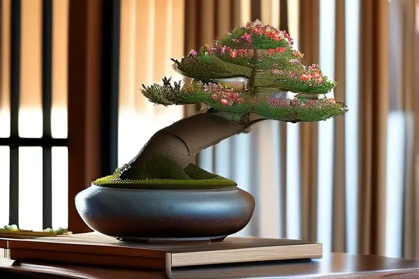 盆景植物花在传统陶瓷盆中的展示效果