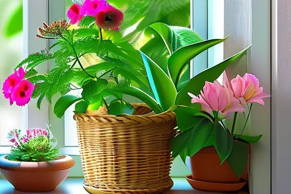 室内盆栽植物花盛开在阳光充足的窗台上