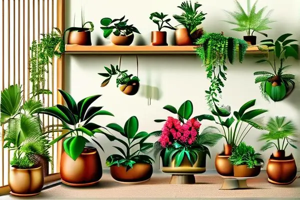 室内盆栽植物和花卉布置的客厅场景