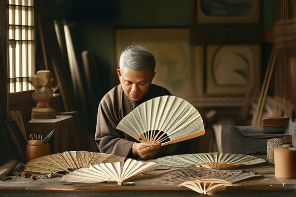 工匠手工制作传统扇子工艺品的过程