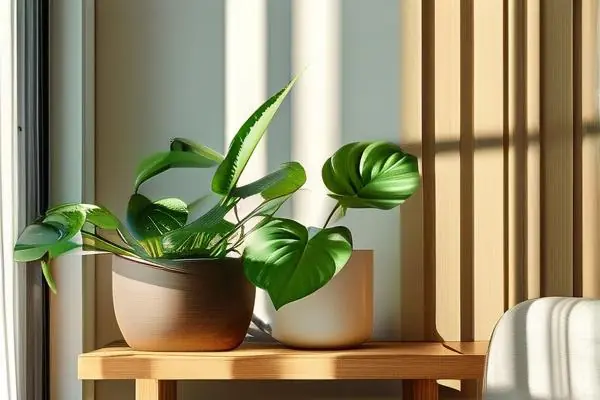 适合室内养殖的多种绿植在客厅花架上的实景效果图