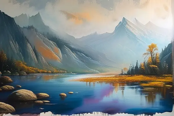 艺术家绘制手绘风景壁画过程
