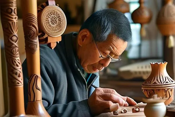 老匠人手工制作特色工艺品的场景