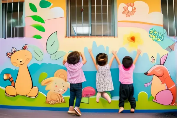 幼儿园壁画展示，孩子们在色彩缤纷的壁画前玩耍