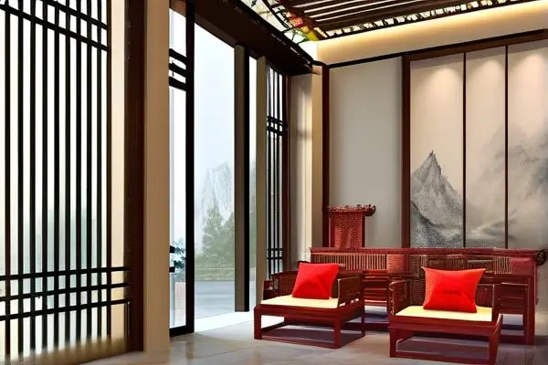 中式会所内部装修效果图，展示风水布局与传统元素的结合