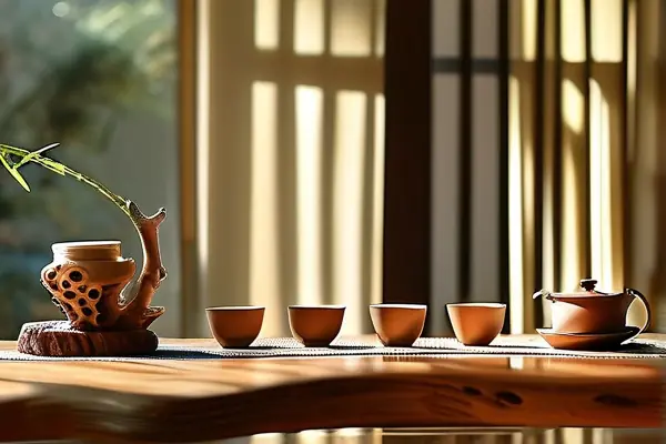 中式风格竹木茶具与雕刻工艺品陈设