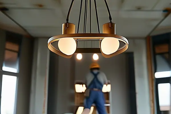 电工安装吊灯现场工作照