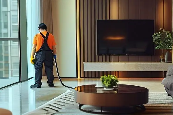 专业保洁人员清洁客厅