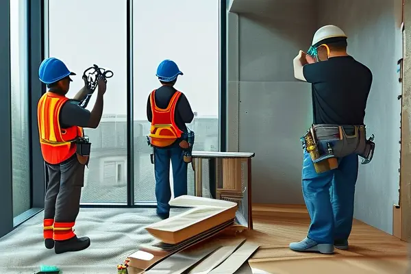 专业房屋装修验收团队在检查新装修的客厅