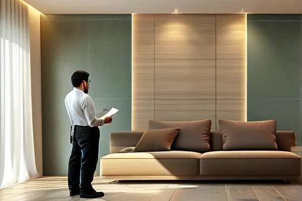 专业验收人员正在检查新装修客厅的墙面和地面质量