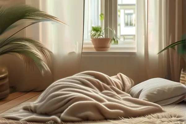 舒适的地毯睡眠场景，展示厚实柔软的地毯和温馨的环境