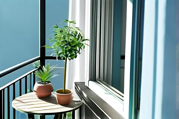阳光照射下的浅蓝色阳台乳胶漆墙面效果