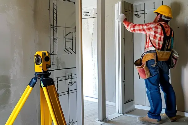 房屋竣工验收人员使用专业设备检测建筑质量