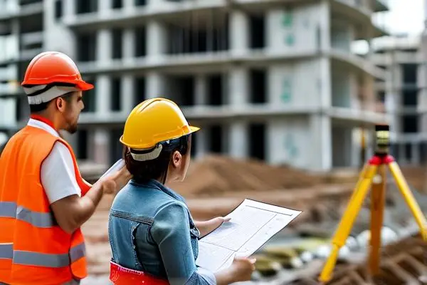 专业人员在建筑工地现场进行竣工验收