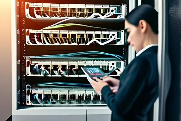 专业技术人员在检查网络机柜中的电缆连接