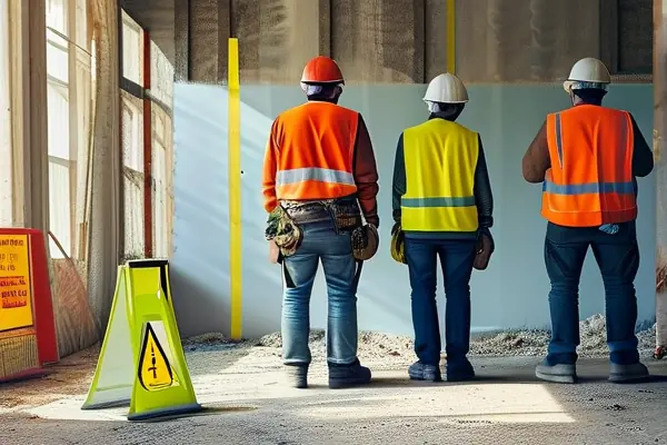 装修拆除施工现场,工人佩戴防护装备进行墙体拆除