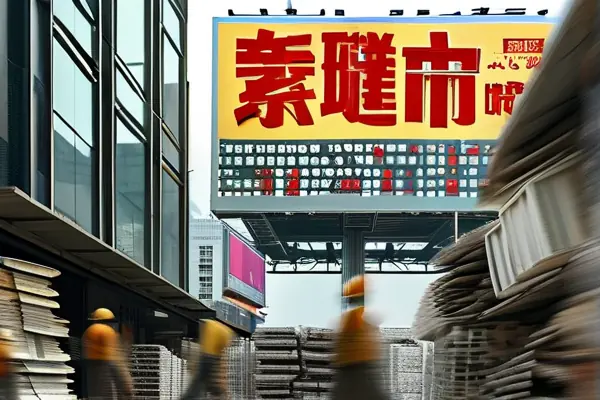 繁忙的建材市场展示最新建材价格和促销信息