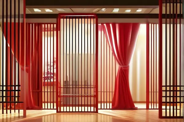 专业京剧排练教室实景图，展示木质地板、红色幕布和舞台灯光系统