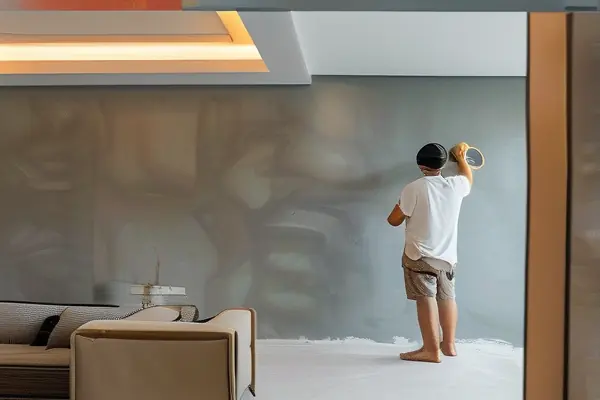 业主与装修师傅验收墙面平整度