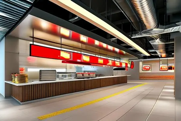 合规自助餐厅装修实景：取餐区与消防设施布局