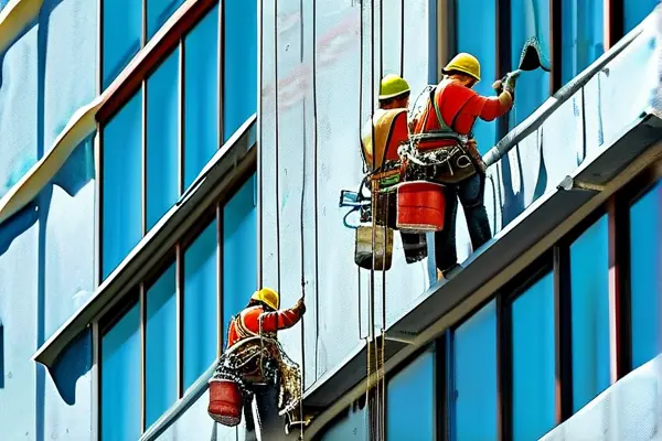 专业施工团队进行楼体外墙防水处理作业