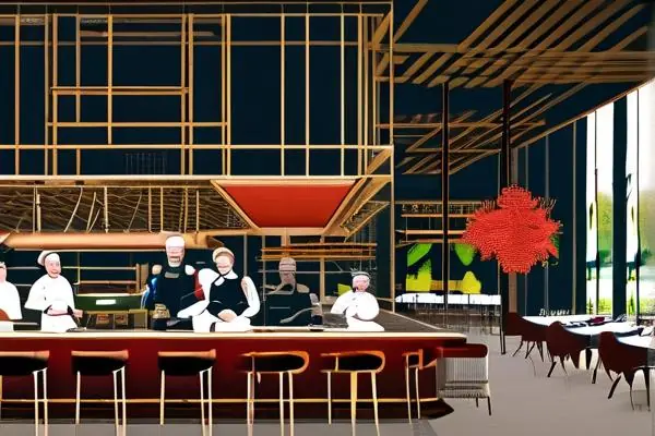 餐饮施工现场：工人在安装厨房设备，设计师讨论布局