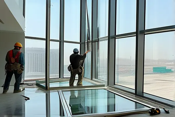 专业团队进行大厅钢化玻璃安装施工实景