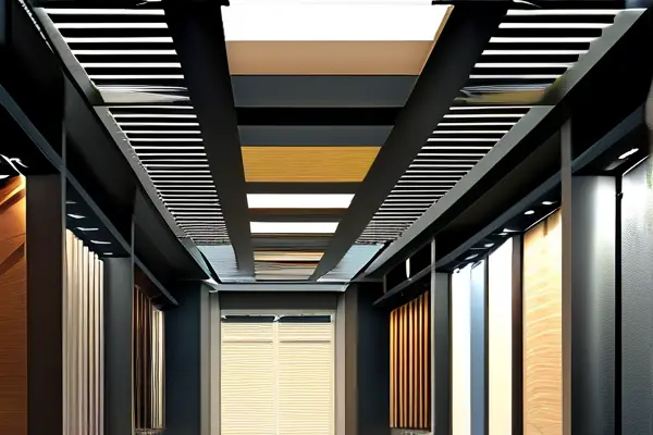 吊顶材料展示厅内不同材质和颜色的现代吊顶材料排列