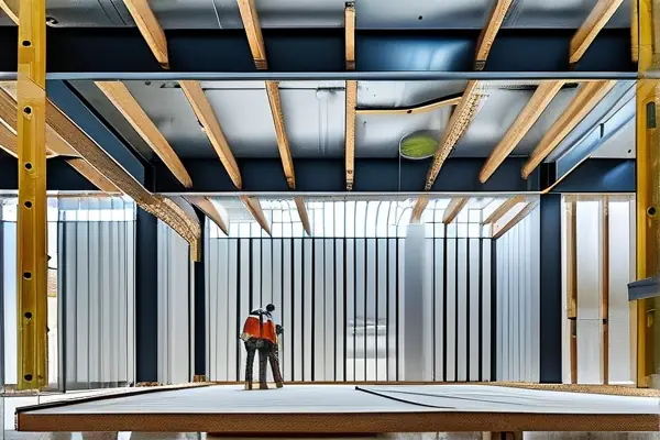 工人正在安装轻钢龙骨和石膏板的施工现场