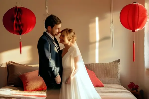 幸福新婚夫妇在装修精美的婚房内