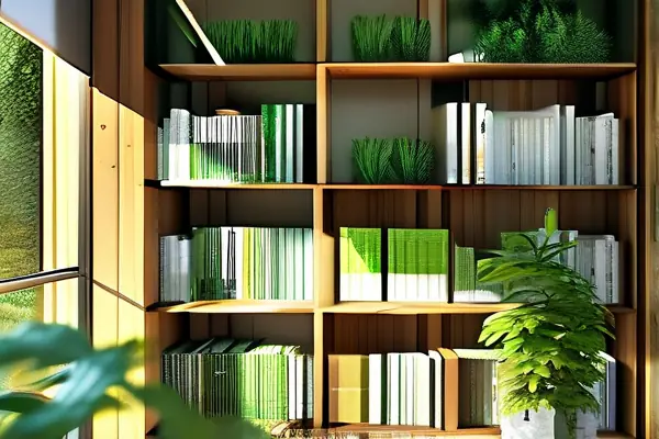 家装环保图书馆内部实景，展示绿色装修指南和环保材料样本