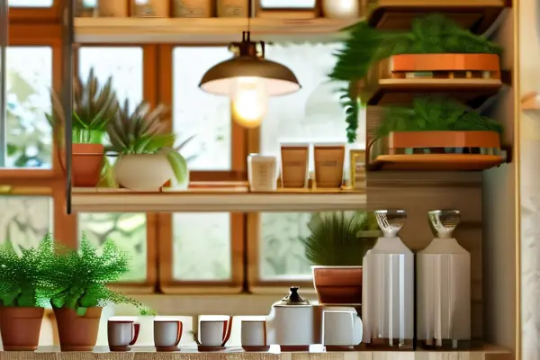 环保咖啡店内部设计,木质家具和绿色植物营造自然氛围