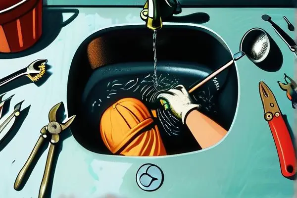 专业水管工使用疏通工具清理厨房下水道