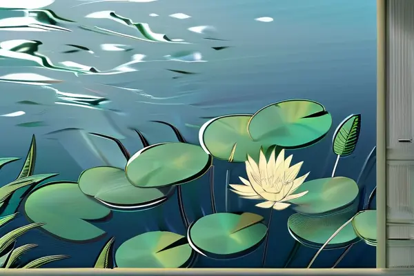 花园池塘中的荷花和睡莲，水面漂浮着鲜艳的花朵，周围是郁郁葱葱的绿色植物和蓝天。