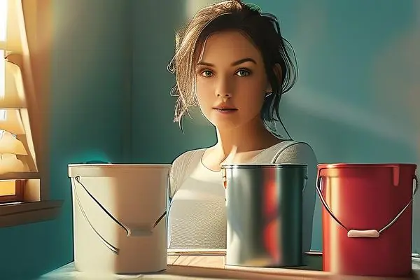女性在家中使用滚筒刷涂墙面