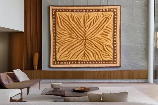 现代客厅中展示的精美缂丝工艺品，图案复杂色彩鲜艳