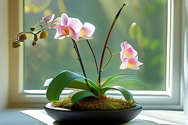 室内摆放的兰花盆景，绿叶与花朵在阳光下显得格外清新