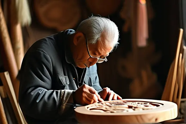 老匠人制作民间手装修工艺品的场景