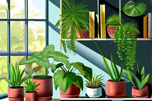 室内摆放多种净化苗木的客厅实景图